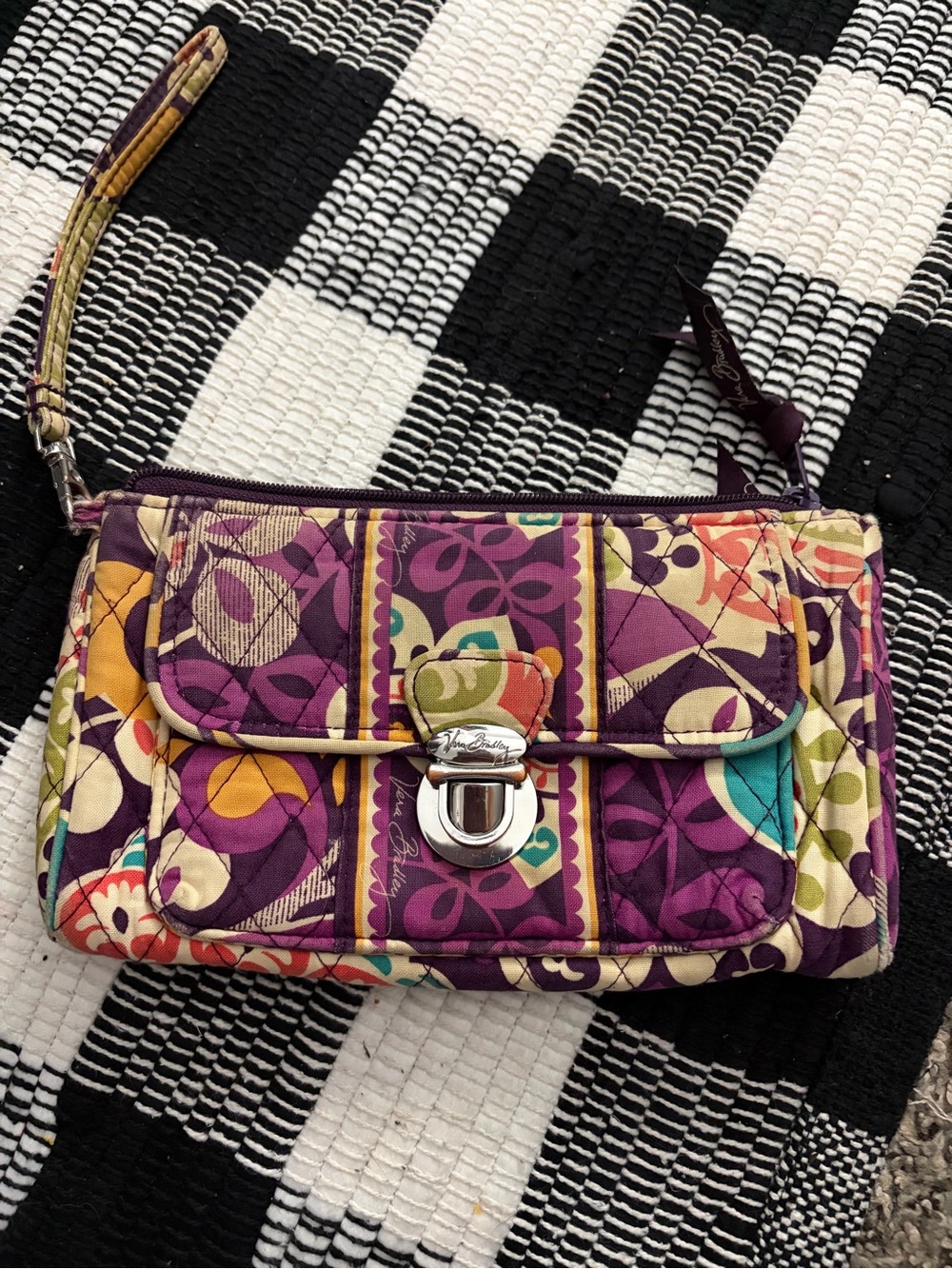 Vera Bradley Purple Multicolor Quilted Wristlet with Floral Motif